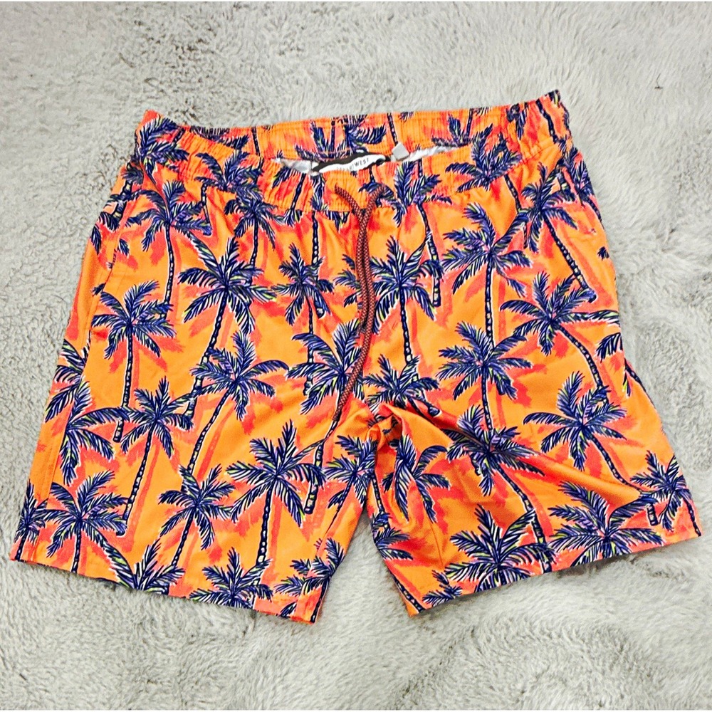 Departwest Men's Orange Blue Tropical Swim Shorts Size L Drawstring Lined